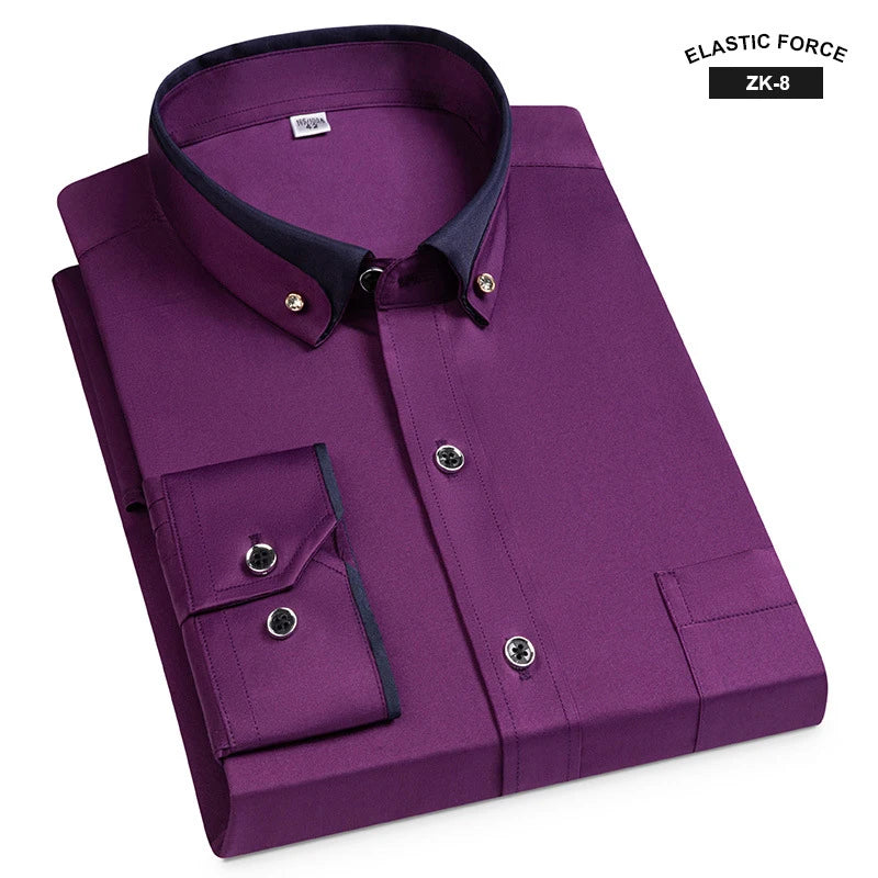 Neue Mode Frühjahr Elastische Nicht-eisen Langarm-shirt Männer der Jugend Kristall Taste Patchwork Kragen Nicht Baumwolle Business hemd Männer
