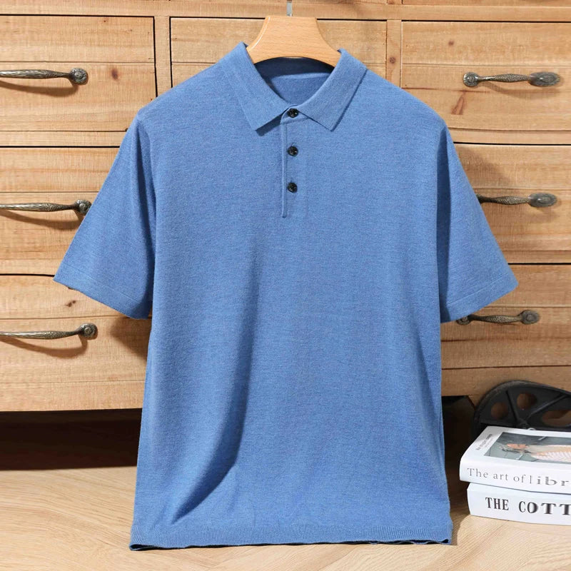 Sommer 100 % Merinowolle Herren Reverspullover Kurzarm POLO-Ausschnitt Pullover lockeres Top Business Casual Strick-T-Shirt