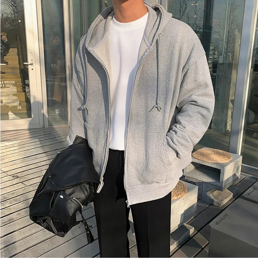 High Street Hoodie Männer Einfarbig Zip Up Langarm Lose Jacke Mäntel Casual Mit Kapuze Sweatshirt Y2K Mode Outdoor Kleidung