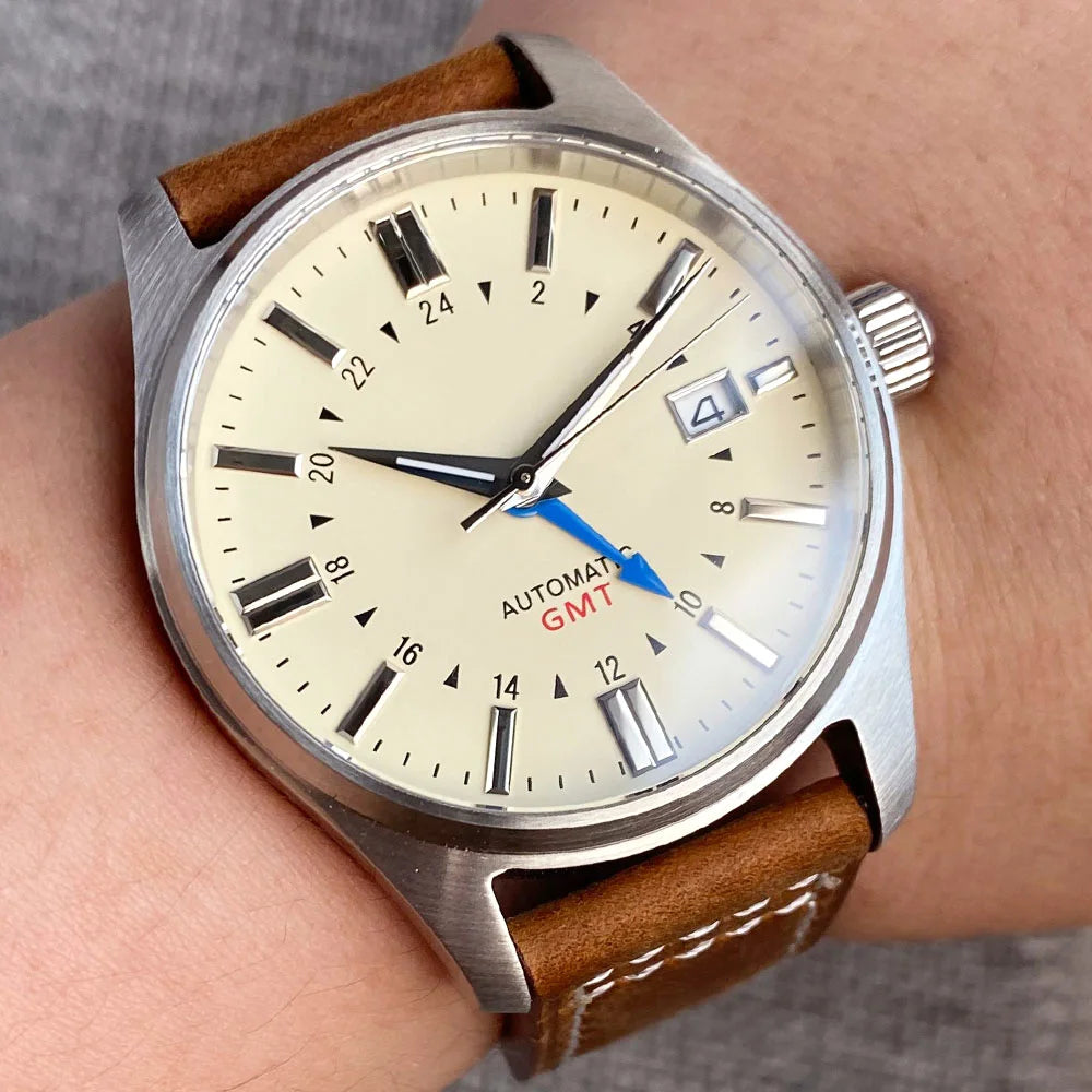 Tandorio Japan NH34 automatische mechanische Uhr für Herren, Taucher-GMT-Uhrwerk, 200 m wasserdicht, 39 mm Saphirglas-Lederband