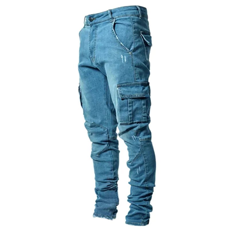 Neue Jeans Männer Hosen Waschen Einfarbig Multi Taschen Denim Mittlere Taille Cargo Jeans Plus Größe Mode Casual Hosen Männlichen Täglichen Verschleiß