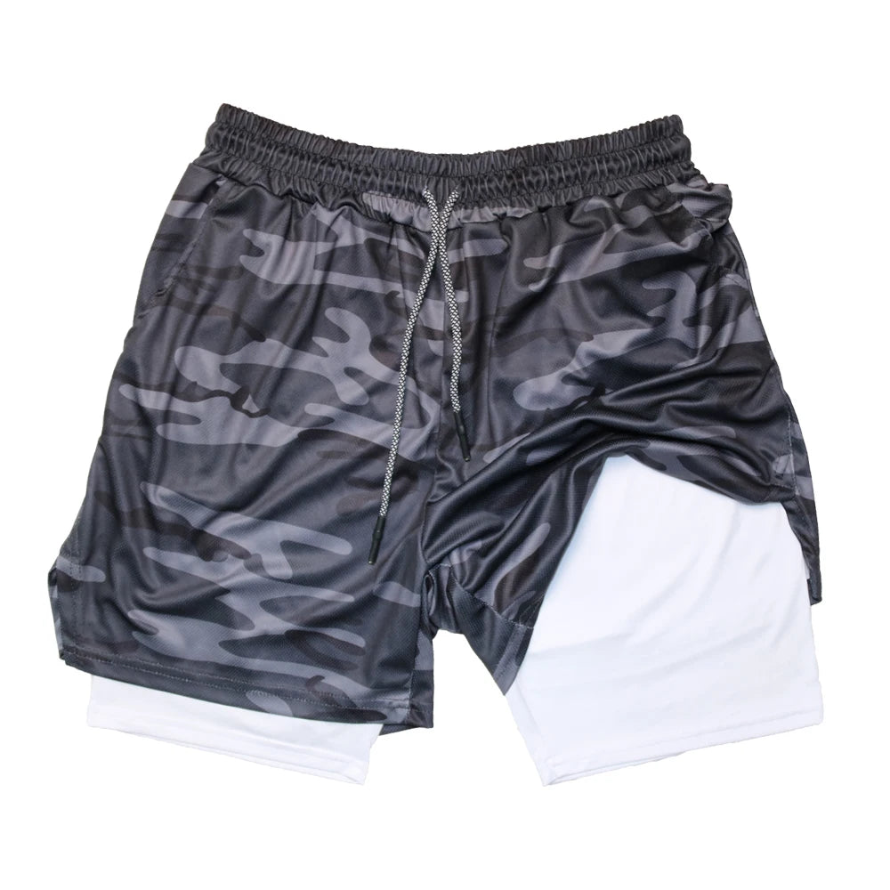 Doppelschichtige Fitness-Shorts für Herren, für Fitness, Fitnessstudio, Training, 2-in-1-Sport-Shorts, schnell trocknend, Workout, Joggen, Doppeldeck, Sommer