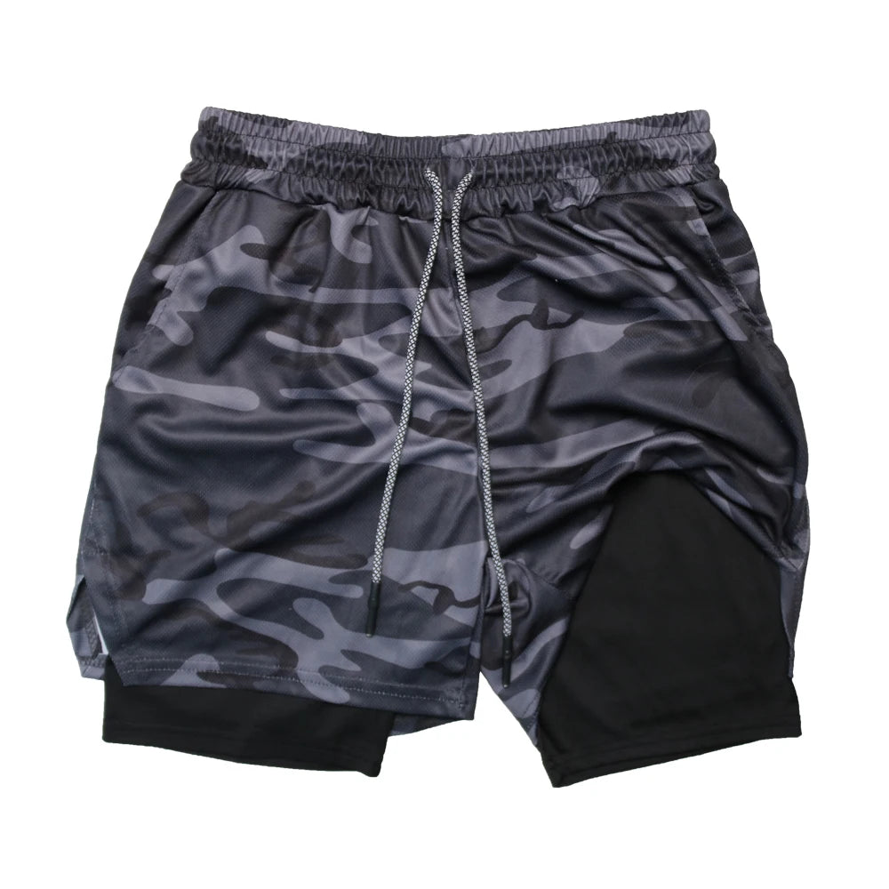 Doppelschichtige Fitness-Shorts für Herren, für Fitness, Fitnessstudio, Training, 2-in-1-Sport-Shorts, schnell trocknend, Workout, Joggen, Doppeldeck, Sommer