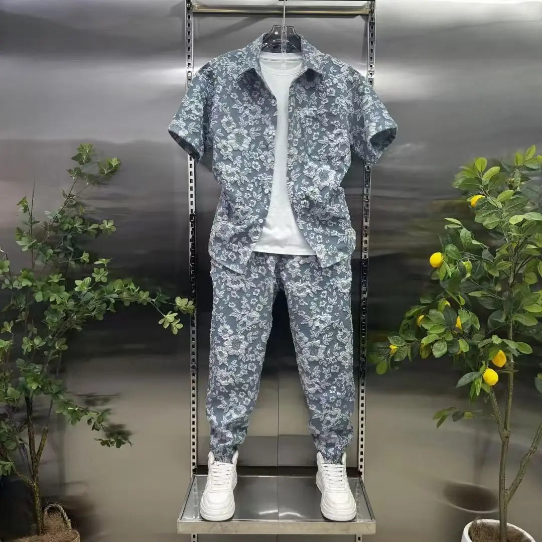 Sommer Shirts + Hosen Männer Sets Neue Männer Casual Druck Hemd Zwei Stück Herren Sportswear Jogger Trainingsanzüge Mode Anzug