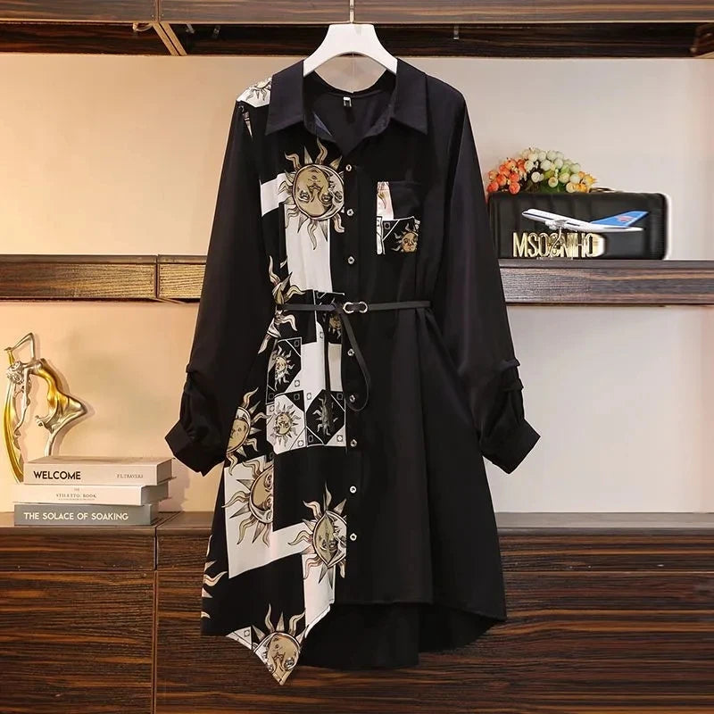 Vintage-Druck, A-Linie, mit Gürtel, lockerer Polo-Ausschnitt, Damenkleid, elegante einreihige, knielange Kleider für Damen, Frühling 2024