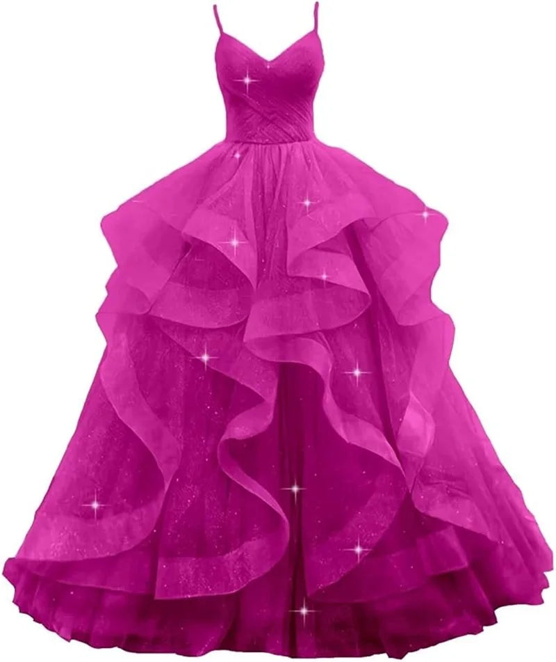 Maßgeschneiderte glitzernde Tüll-Abschlussballkleider, Spaghettiträger, Ballkleider für Frauen, bauschiges, abgestuftes, formelles Abend- und Partykleid