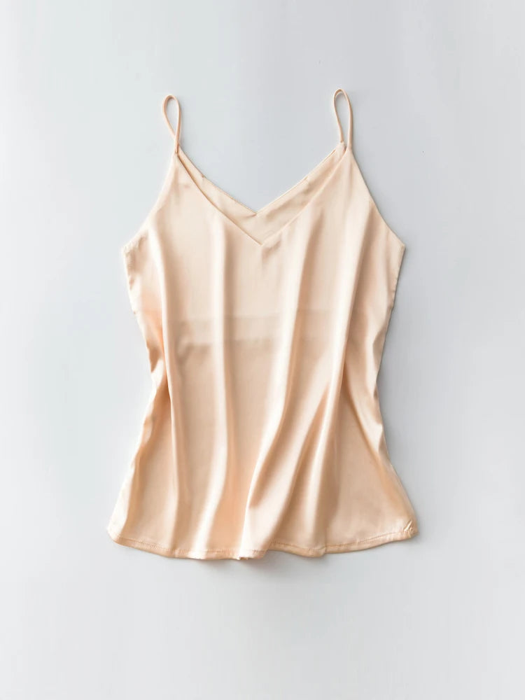 Spaghettiträger-Top für Damen, Neckholder, V-Ausschnitt, Basic, weiß, Cami, ärmellos, Satin-Seiden-Tanktops, Damen-Sommer-Unterhemd