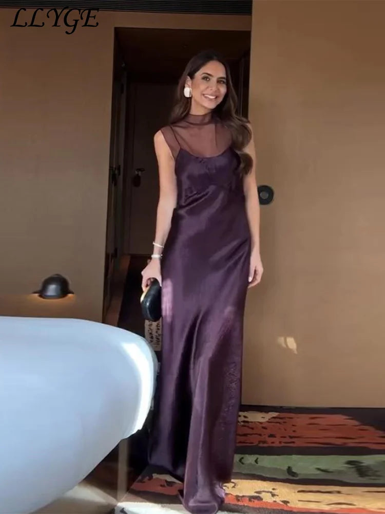 Durchsichtiges Mesh-Satin-Patchwork-langes Kleid für Damen, halbhoher Kragen, ärmellos, rückenfrei, Kleider 2026, Frühlingsdame, Party-Roben 2023