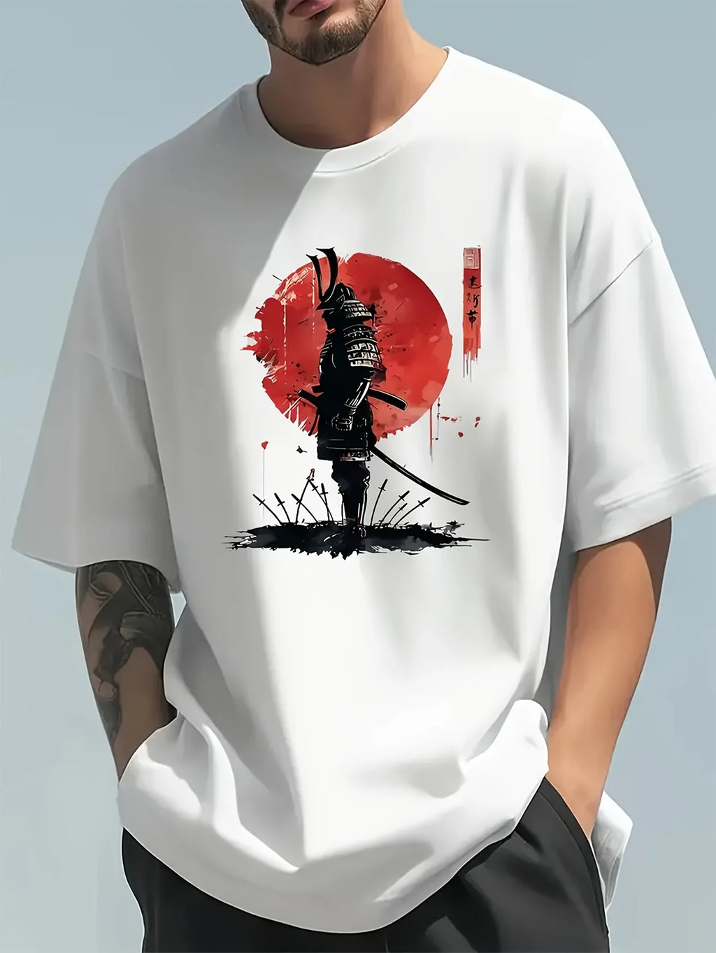 Herren-Sommer-T-Shirt aus 100 % Baumwolle, modisch, lässig, locker, japanisches Samurai-Muster, bedruckt, Rundhalsausschnitt, kurzärmelig