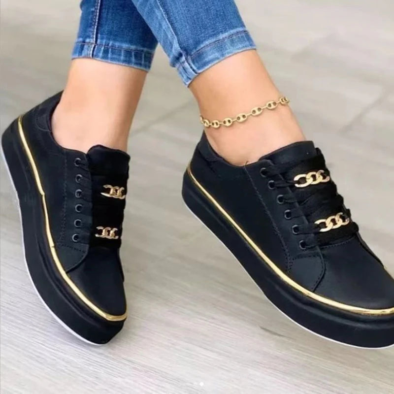 Damen-Turnschuhe, neue Modekette, Leder, bequeme runde Zehen, Plateau-Turnschuhe, Schnür-Walking, vulkanisierte Damenschuhe
