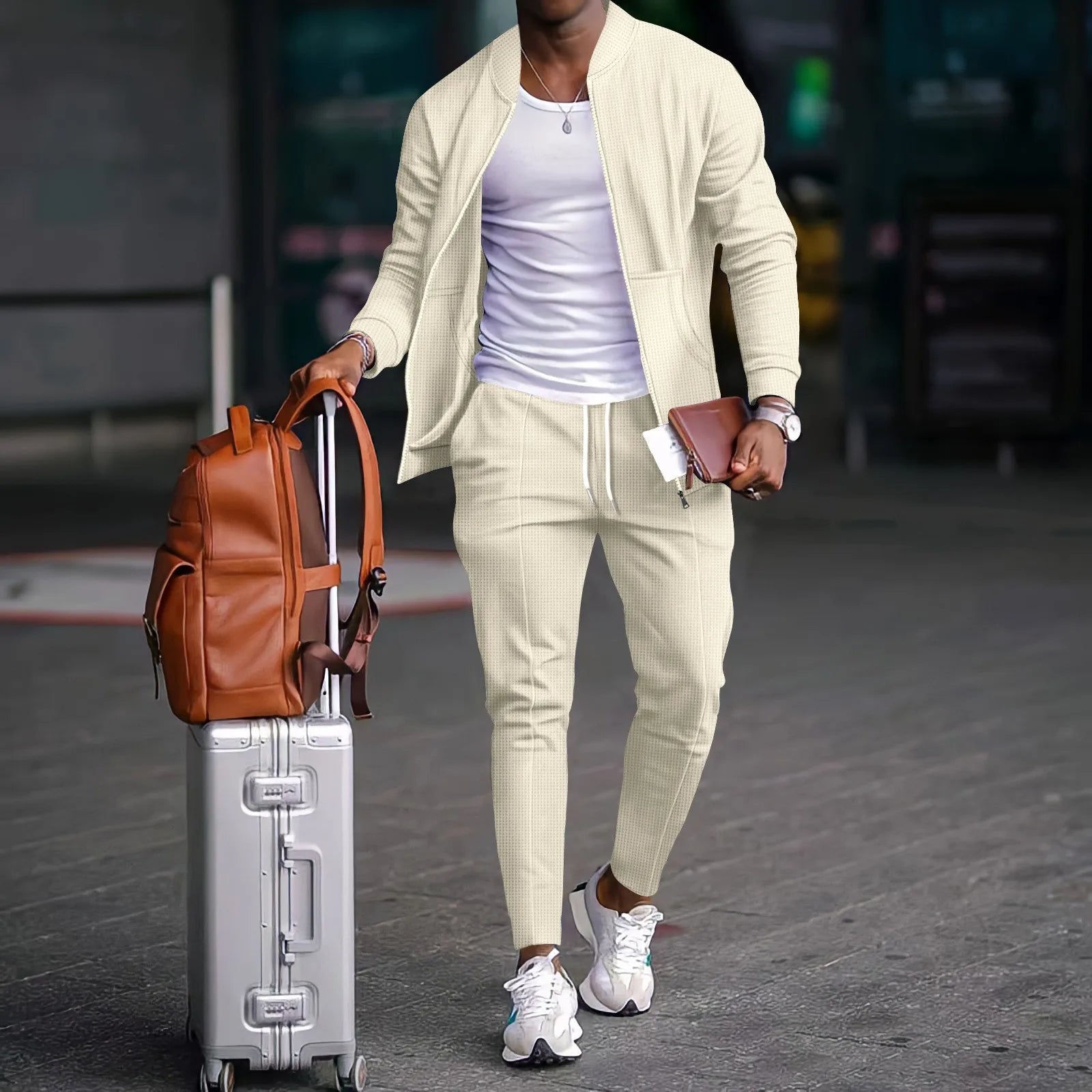 Herrenbekleidung 2026, Neue Frühlings- und Herbst : Stehkragen-Set in Unifarben, Baseball-Casual-Stil, Waffelstruktur-Hose, Zweiteiliger Anzug