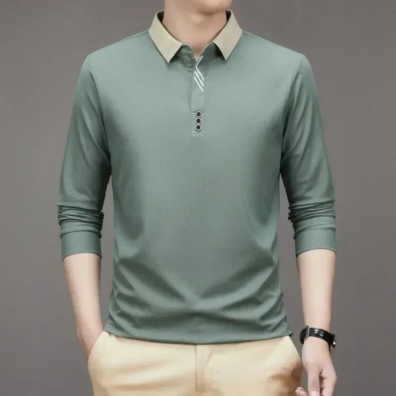 Herren Langarm Umlegekragen Waffel T-Shirt Business Casual Poloshirt T-Shirt