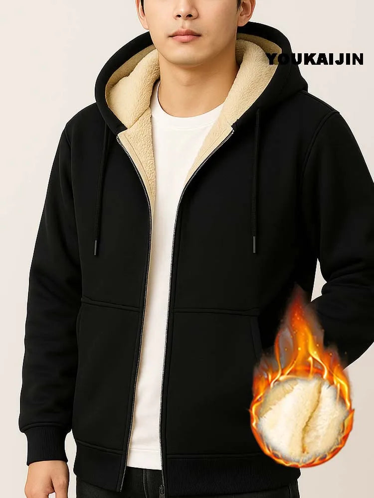 Warmer Fleece-Kapuzenpullover für Herren, Herbst und Winter, mit Sherpa gefüttert, durchgehender Reißverschluss, einfarbig, Sweatshirt-Jackenmantel