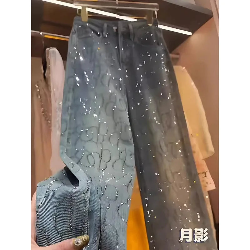 Jeans Frauen Denim Breite Bein Hosen Diamanten Hohe Taille Taschen Bodenlangen Distressed Gewaschen Gerade Hosen Streetwear