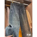 Jeans Frauen Denim Breite Bein Hosen Diamanten Hohe Taille Taschen Bodenlangen Distressed Gewaschen Gerade Hosen Streetwear