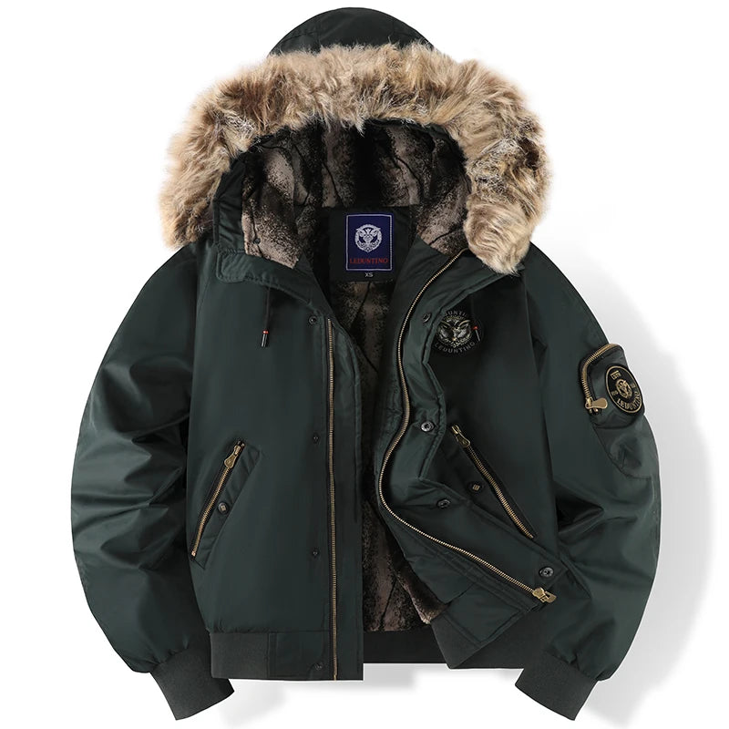 Winterjacke für Herren, abnehmbare Kapuze, langlebig, winddicht, Stoff, Stickerei, dekorative Seitentaschen, Ärmelreißverschluss