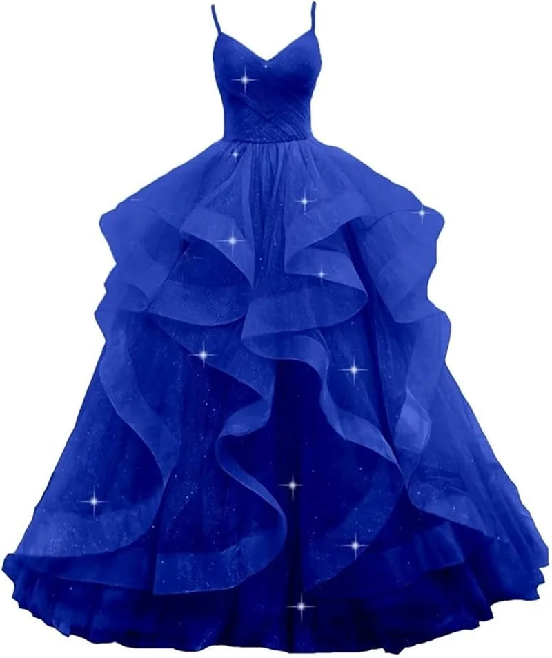 Maßgeschneiderte glitzernde Tüll-Abschlussballkleider, Spaghettiträger, Ballkleider für Frauen, bauschiges, abgestuftes, formelles Abend- und Partykleid