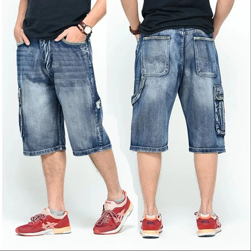 Herren Jeans shorts mit weitem Bein Multi-Pocket 7-Punkt-Arbeit Cargo Jeans Shorts Fett plus Größe Denim Shorts männlich