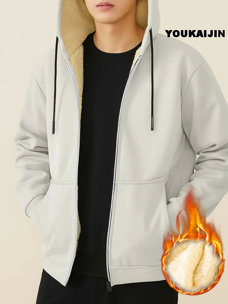 Warmer Fleece-Kapuzenpullover für Herren, Herbst und Winter, mit Sherpa gefüttert, durchgehender Reißverschluss, einfarbig, Sweatshirt-Jackenmantel
