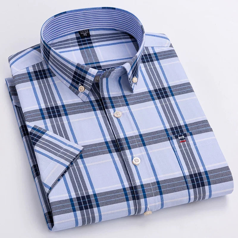 100% Baumwolle Atmungsaktiv Männer Oxford Kurzarm Sommer Plaid Shirts Gestreiften Männliche Kleidung Business Regular Fit Übergroßen