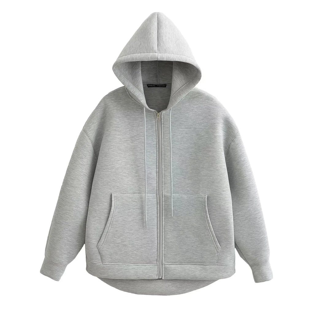 Herbst Frauen Grau Jacke Mit Kapuze Langarm Große Tasche Zipper Jacke Mantel Frau Lose Beiläufige Oberbekleidung Mantel Tops