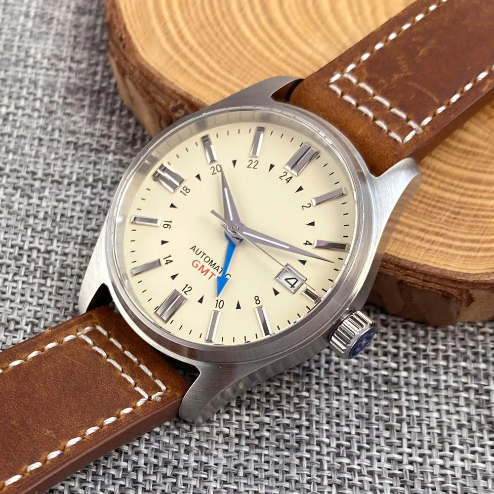 Tandorio Japan NH34 automatische mechanische Uhr für Herren, Taucher-GMT-Uhrwerk, 200 m wasserdicht, 39 mm Saphirglas-Lederband