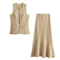HH Frauen Weste Rock Sets Weibliche Khaki Lange Blazer Weste V-ausschnitt Ärmelloses Dünnes Top + Elegante Hohe Taille EINE linie Rock Anzug ONKOGENE
