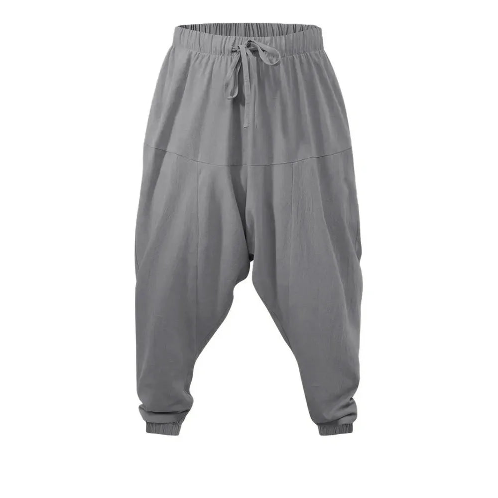 Haremshose für Herren, Baumwolle, Leinen, tiefer Schritt, gemütliche Streetwear, lockere Passform, atmungsaktiv, leicht, lange Hose, männliche Jogger