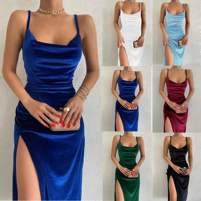 Samt Swing Kragen Ärmellose Slip Schlitz Maxi Kleid 2024 Neue Mode Abend Party Frauen Elegante Street Y2K