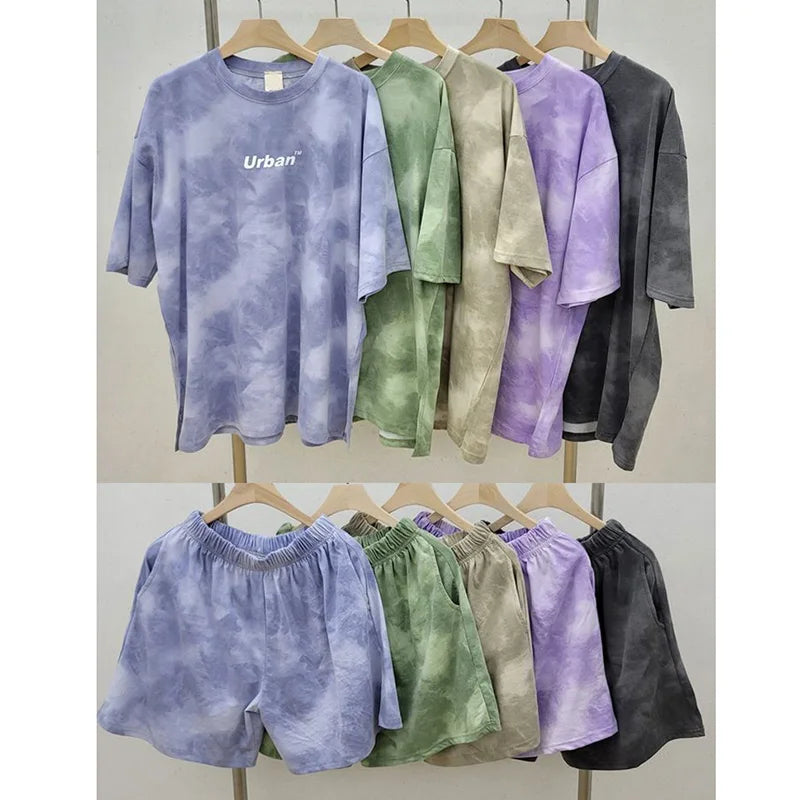 2-teiliger Anzug für Damen, T-Shirt, Shorts, Batikmuster, lockeres T-Shirt und mittlere Shorts mit weitem Bein und Taschen, weiblich, lässig, weich, Sommer-Sets