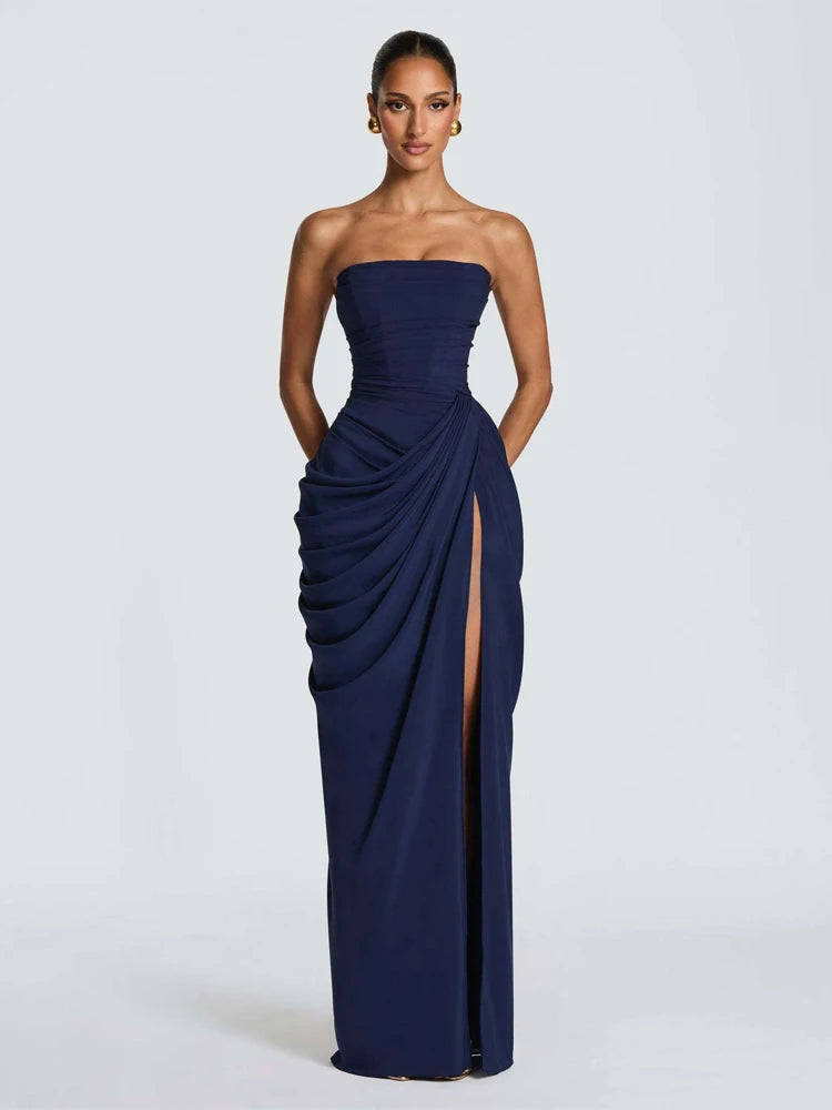 Elegantes Gelbes Trägerloses Plissiertes Kleid für Damen, Schickes Ärmelloses Tailliertes Maxikleid mit Schlitz, 2026 Damen-Abendkleider für Partys
