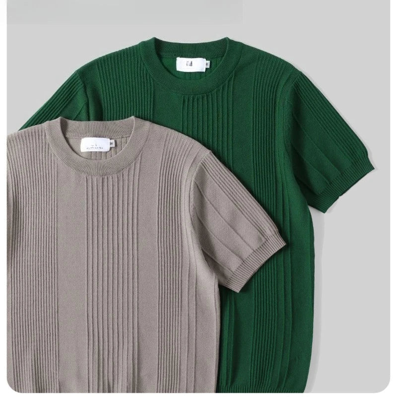 Kurzärmeliges T-Shirt für Herren Gestreiftes Häkel-Strickwaren Retro Einfarbiges Luxus-T-Shirt Schlankes Stylisches Frühling-Sommer Cooles Lässiges Hemd