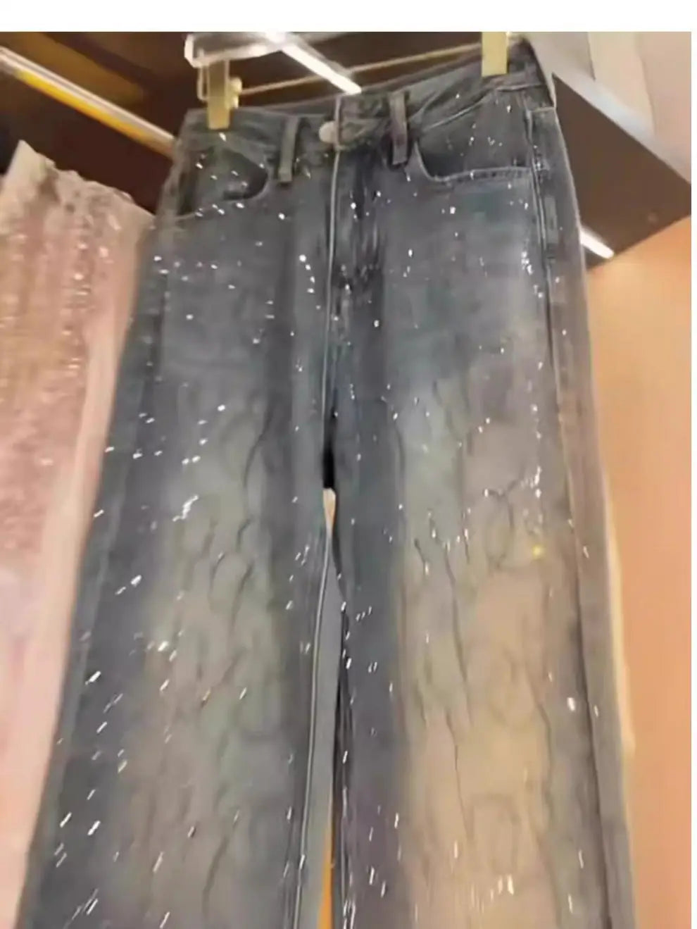 Jeans Frauen Denim Breite Bein Hosen Diamanten Hohe Taille Taschen Bodenlangen Distressed Gewaschen Gerade Hosen Streetwear