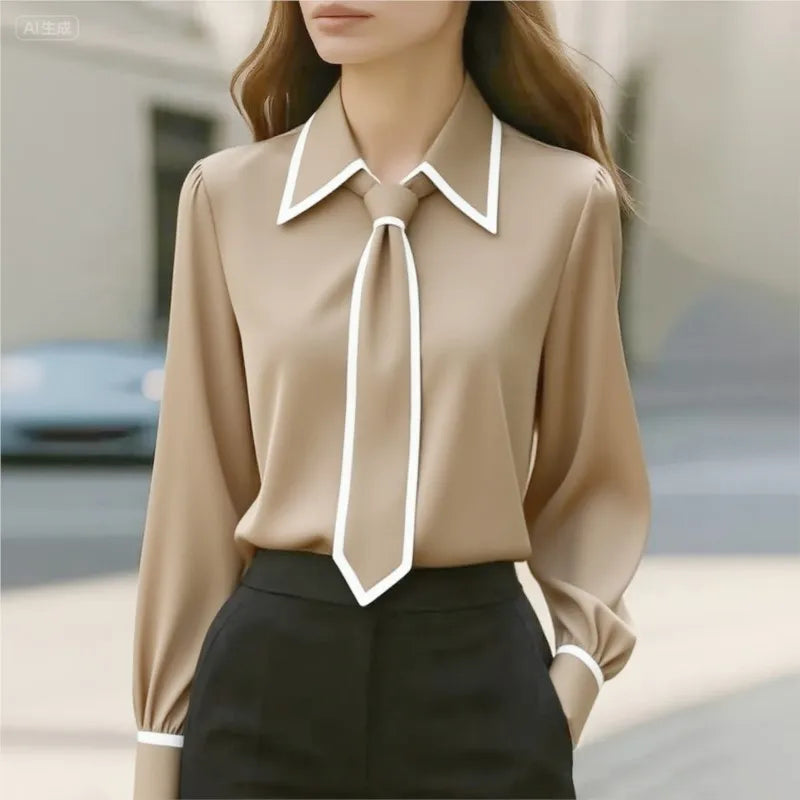 Damenbluse, modisches Hemd, formelle Fliege, langärmelig, kontrastierender Besatz, Oberteile, schmal geschnittene Arbeitskleidung, elegante Büro-Damenhemden für Damen