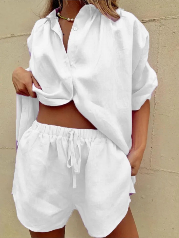 Casual Baumwolle Einfarbig Sets Frauen Kurzarm Lose Hemd Breite Bein Shorts Zwei Stück Set Frau Anzüge 2024 Sommer Outfits