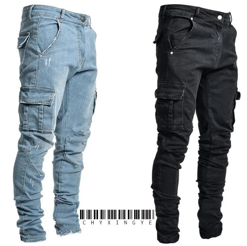 Neue Jeans Männer Hosen Waschen Einfarbig Multi Taschen Denim Mittlere Taille Cargo Jeans Plus Größe Mode Casual Hosen Männlichen Täglichen Verschleiß