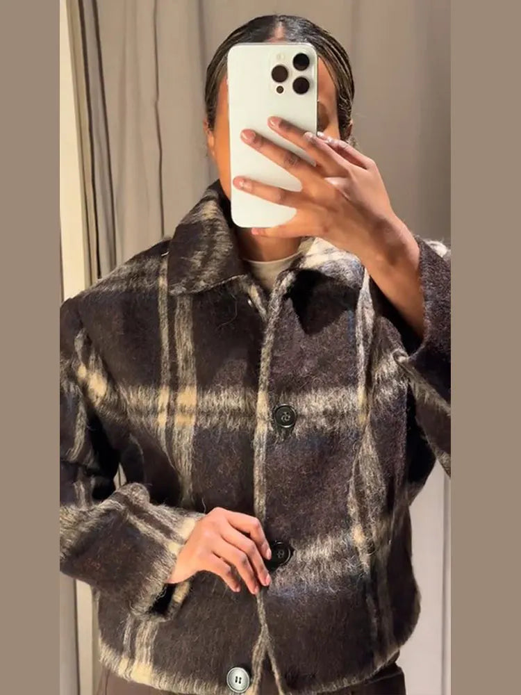 Plaid Rundhals Frauen Kurze Jacke Elegante Oversize Volle Ärmel Zweireiher Mantel 2024 Neue Herbst Winter Pendeln Outcoat Top