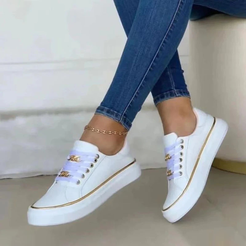 Damen-Turnschuhe, neue Modekette, Leder, bequeme runde Zehen, Plateau-Turnschuhe, Schnür-Walking, vulkanisierte Damenschuhe