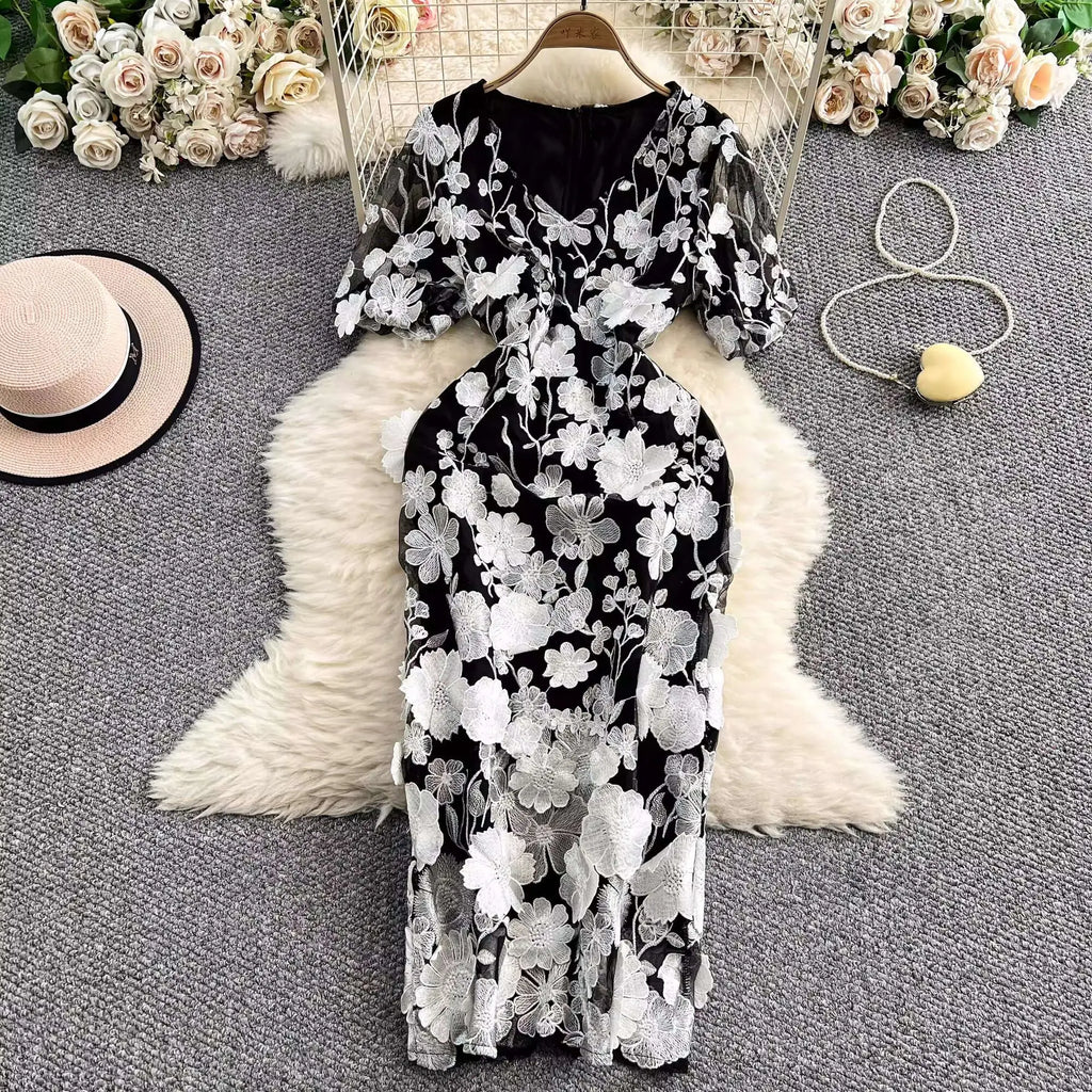 Sommer Luxus Midi Lange Kleider Party Elegante 3D Blume Stickerei Kurzarm Bleistift Tüll Prom Formale Kleid Frauen