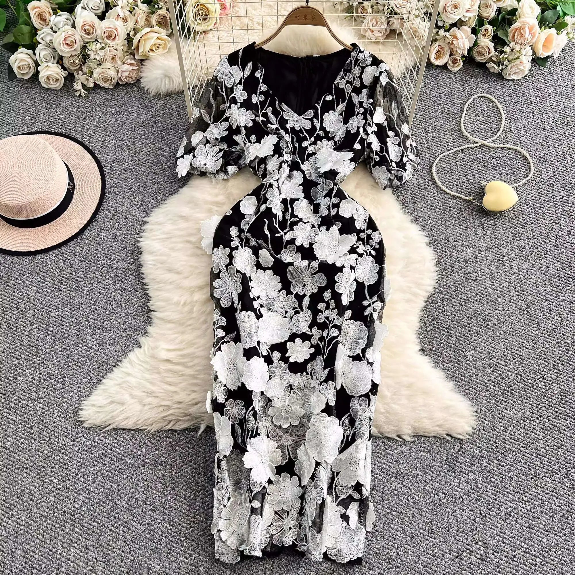 Sommer Luxus Midi Lange Kleider Party Elegante 3D Blume Stickerei Kurzarm Bleistift Tüll Prom Formale Kleid Frauen