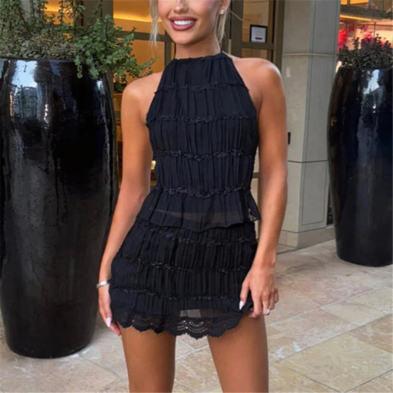Zweiteiliges Rock-Set für Damen, Y2k-Spitze, durchsichtiges Netz, gerüschtes Neckholder-Top, gesmokter Minirock, Sommer-Strand-passende Outfits