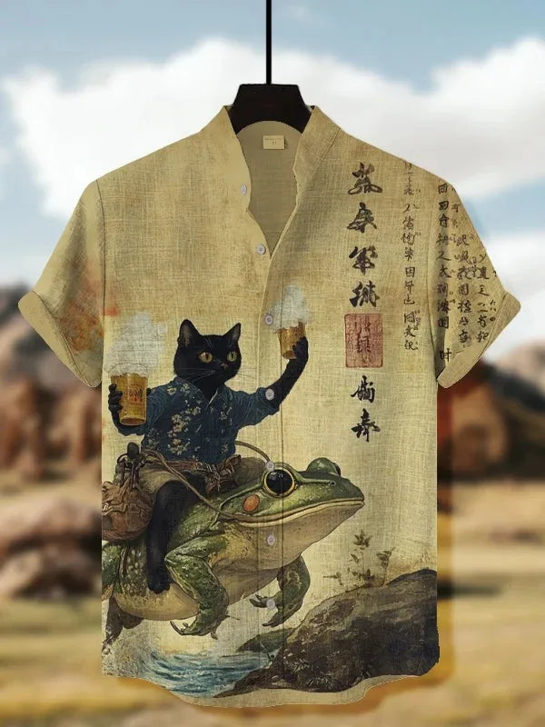Herren-Retro-Katzenhemd mit lustigem Kalligrafie-Dinosaurier-Vulkaneruption-Print, kurzärmelig, Urlaubsmode, Vintage japanische Kleidung