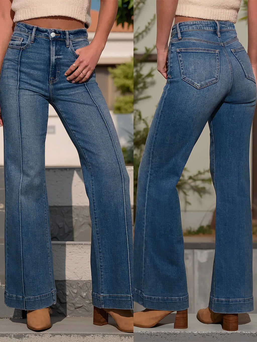 Herbst dunkelblaue Damenjeans mit hoher Taille und weitem Bein, Stretch-Denim-Stoff, Knopfleiste, Herbstmode, All-Match-Damenjeans