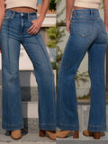 Herbst dunkelblaue Damenjeans mit hoher Taille und weitem Bein, Stretch-Denim-Stoff, Knopfleiste, Herbstmode, All-Match-Damenjeans