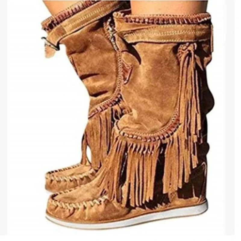 Piraten Stiefel Frau Plissee Quaste Mid-kalb Stiefel Frauen Nähen Schuhe Schnalle Leder High Heels Schuhe Weibliche Plus Größe Zip