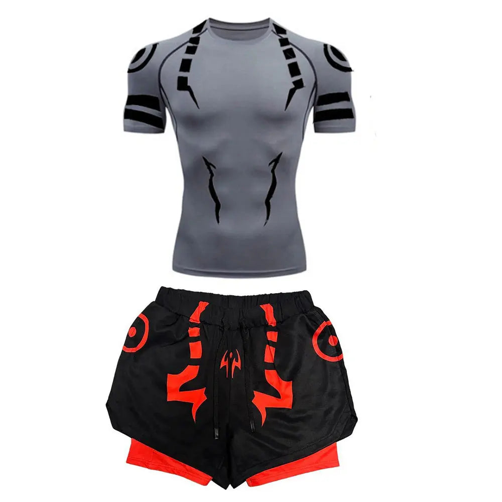 Anime Jujutsu Kaisen Kompressionsset Fitnessanzug für Herren, schnell trocknendes 3D-Kompressionsshirt + Fitnessstudio-Shorts, Lauf-Workout-Sportbekleidung