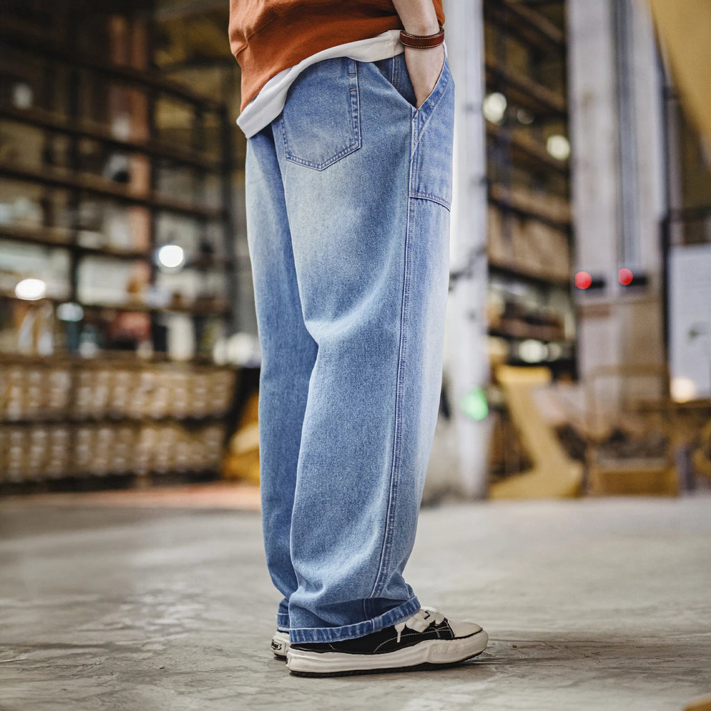 Maden Herren-Jeans aus gewaschenem Denim, weites Bein, gerade geschnitten, elastischer Bund mit Kordelzug, lockere Passform, Freizeithose für Frühling und Herbst