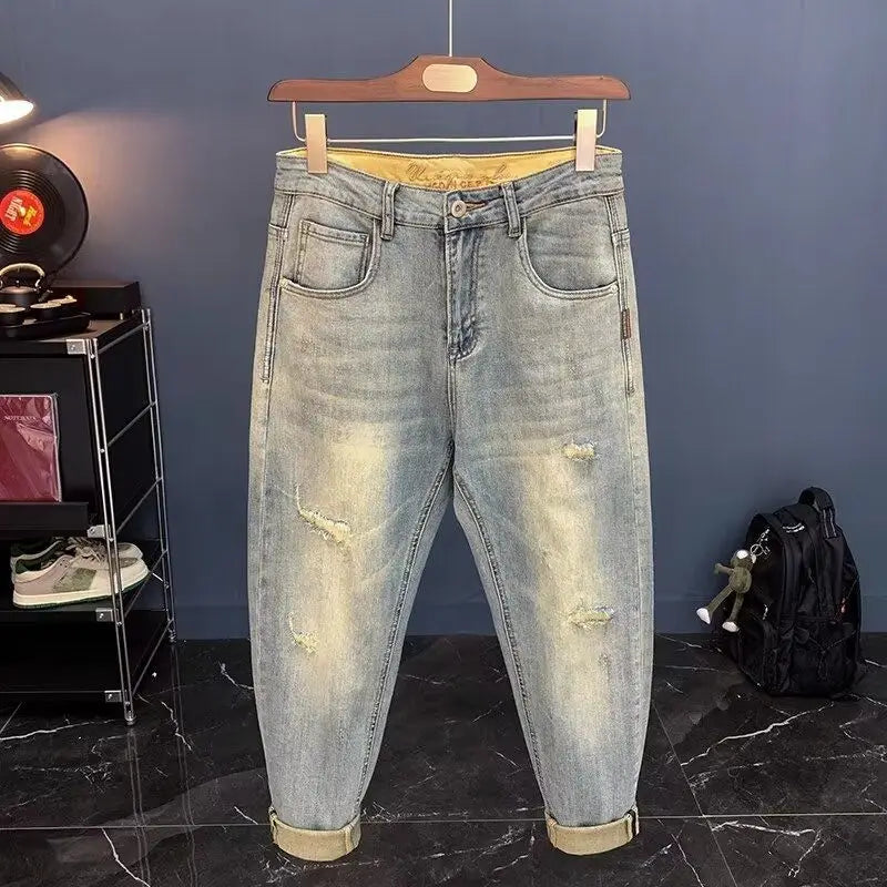 Jeans für Herren Frühling und Herbst, kleine zerrissene Jeans, Herren-Vintage-Hosen, trendige Marke, Harlan-Männerkleidung, Streetwear-Kleidung