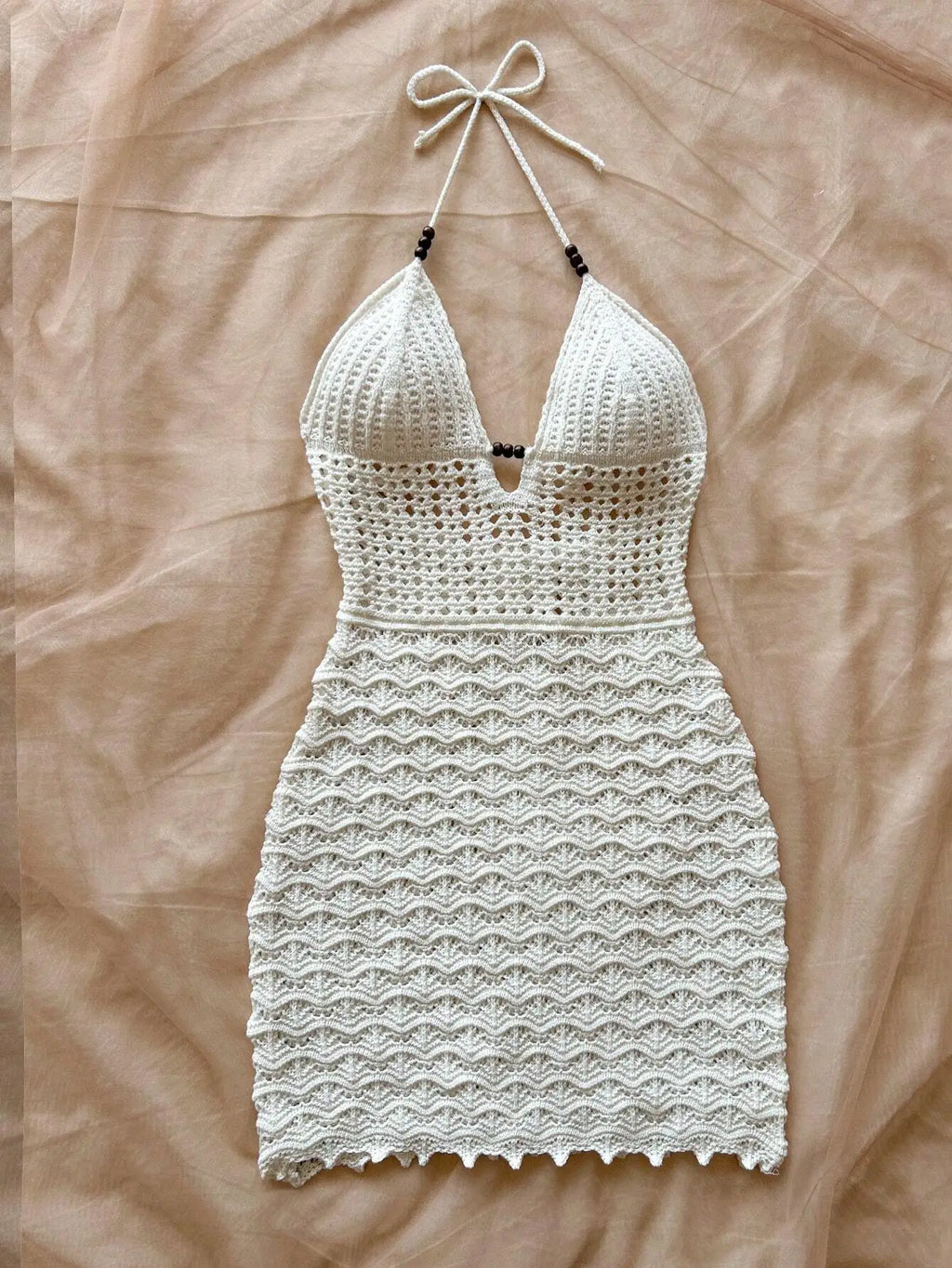Sommerliches sexy Slim-Fit-Kleid mit ausgehöhlten Holzperlen und V-Ausschnitt, Urlaubsgurten und trägerlosem Strickkleid mit Farbverlauf