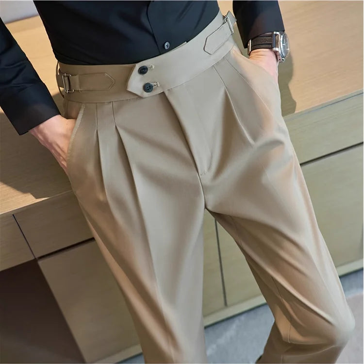 2026 Frühling Herbst Männer Hohe Taille Gürtel Design Beiläufige Dünne Formale Kleid Hose Männer Sozialen Büro Hochzeit Party Kleid Anzug Hosen